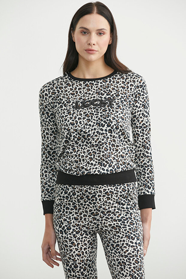 Leopard Patterned Pajama Set - Ecru - 2