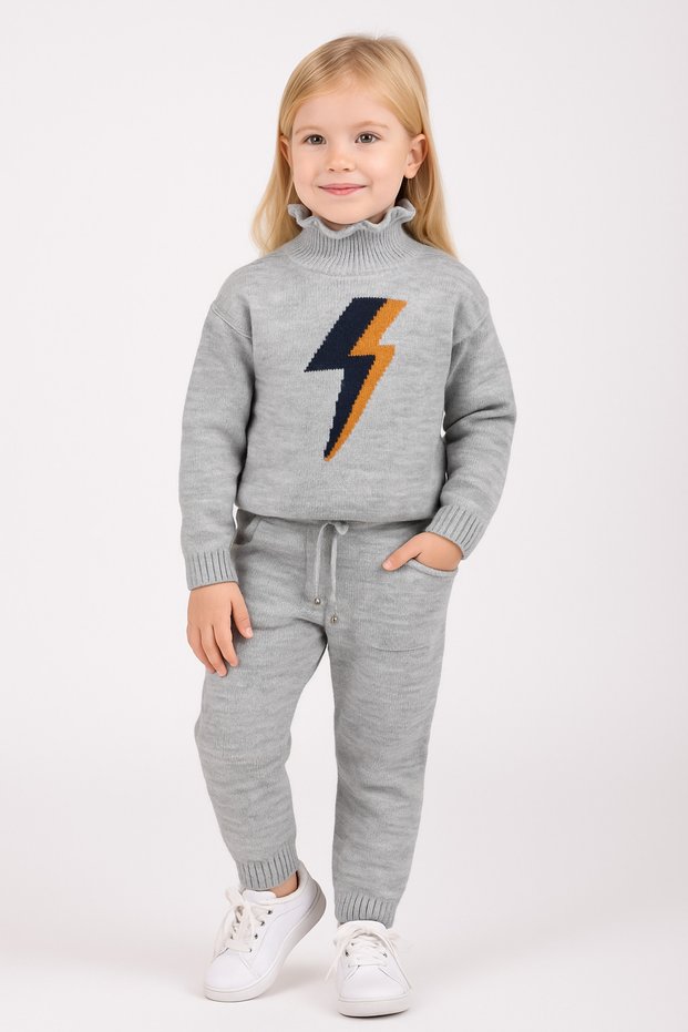 Girl's Knitwear Gray Lightning Pattern Trouser Suit