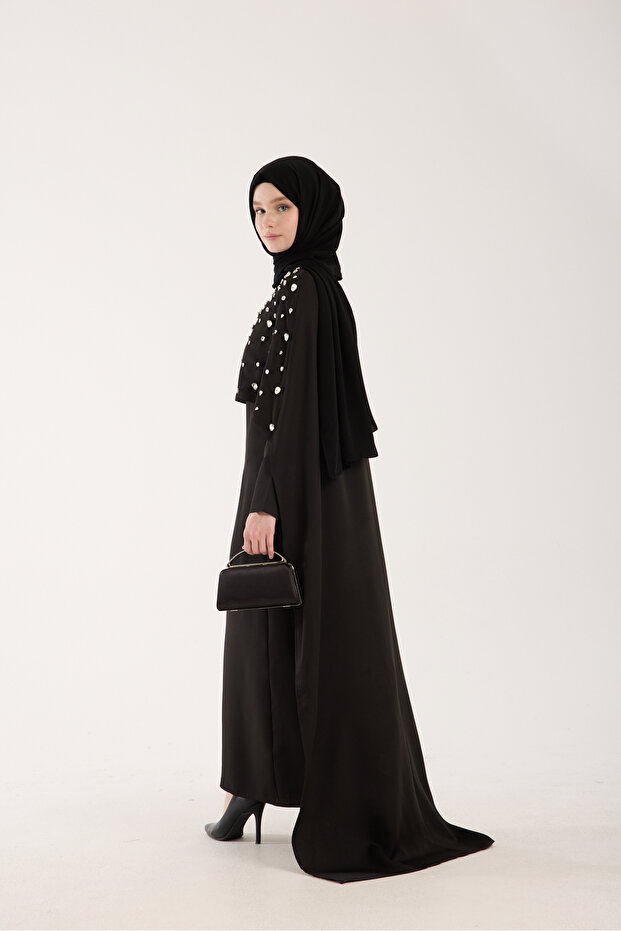 Women's Black Hijab Evening Dress with Stone Embroidered Cape on the Front