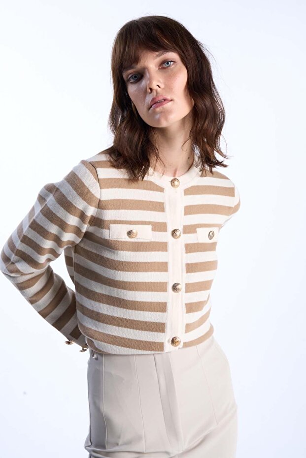 Camel Button Detailed Striped Knitwear Cardigan