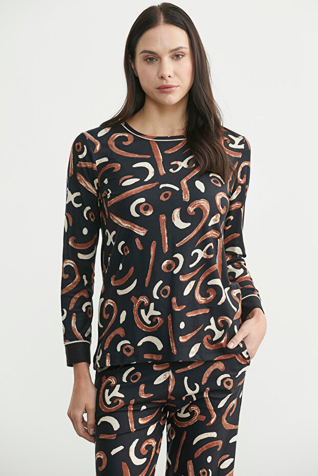 طقم بيجامة منقوشة ذات ملمس ناعم - أسود - 2