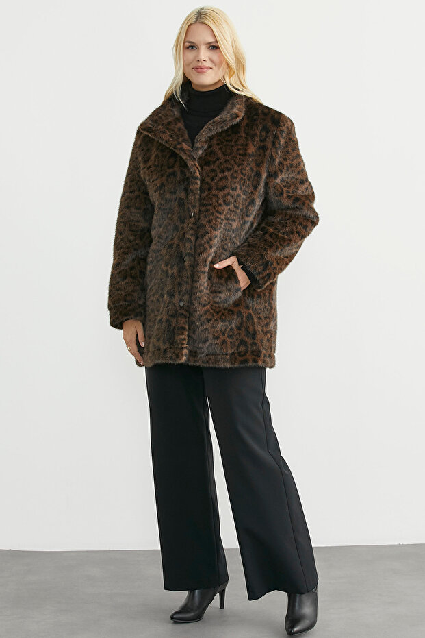 معطف فرو مبطن بنقشة الفهد مقاس كبير - بني - 5
