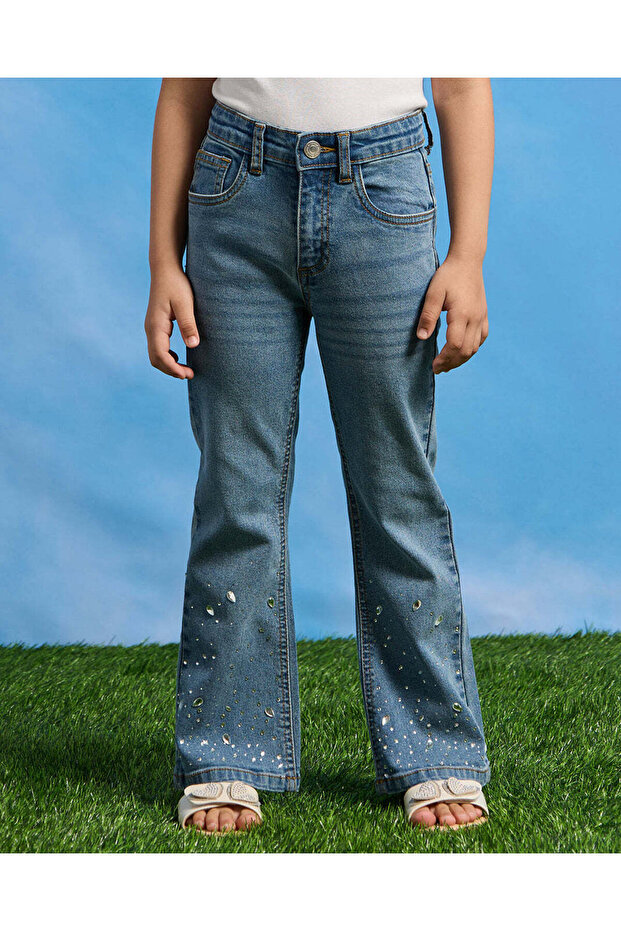 Girls Blue Flare Fit Jeans With Bottom Studs