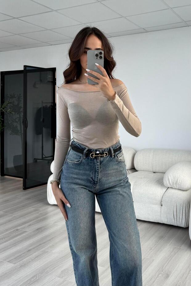 Ekru Dekolte Basic Bluz - 3