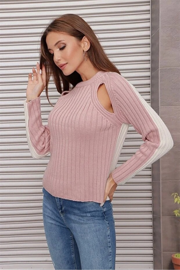 Double Color Women's Knitwear Sweater Powder Round Neck Off-The-Shoulder Long Sleeve