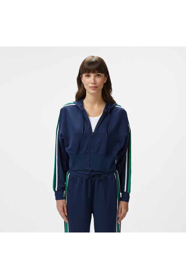 Kadın Crop Fit Fermuarlı Renk Bloklu Lacivert Sweatshirt - 1