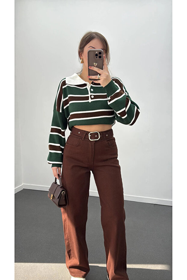 Women's Brown Belted High Waist Palazzo Jeans