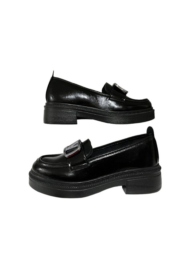 Women's Black V Buckle Orthopedic Sole College Shoes Şnzlze2201-33
