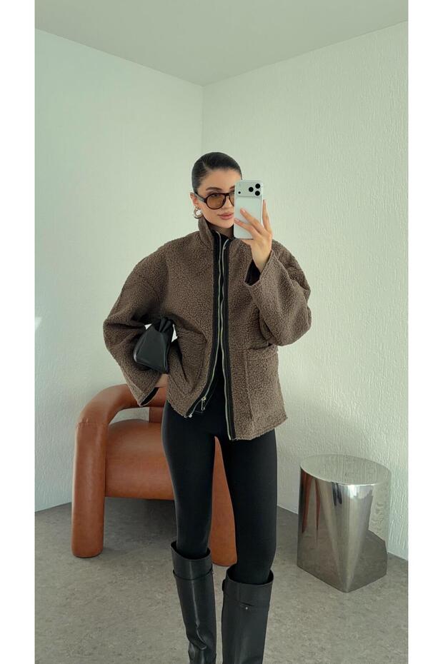 Jachetă de pluș maro - 1