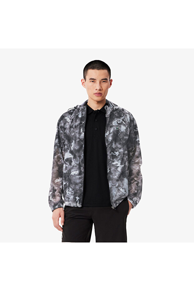 Erkek Kapüşonlu Baskılı Siyah Ceket - 1