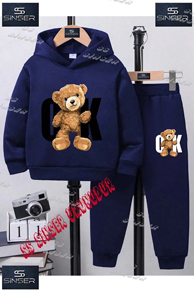 Children's Unisex Special Printed Hooded Tracksuit Set with the Slogan "Bear Ok Black"