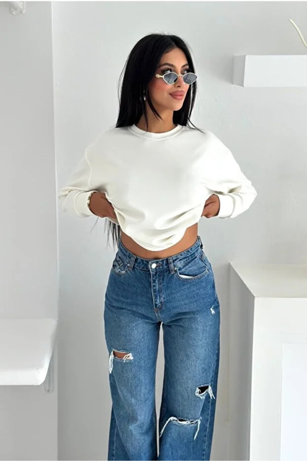 Beyaz Modal Kumaş Basic Sweatshirt - 5