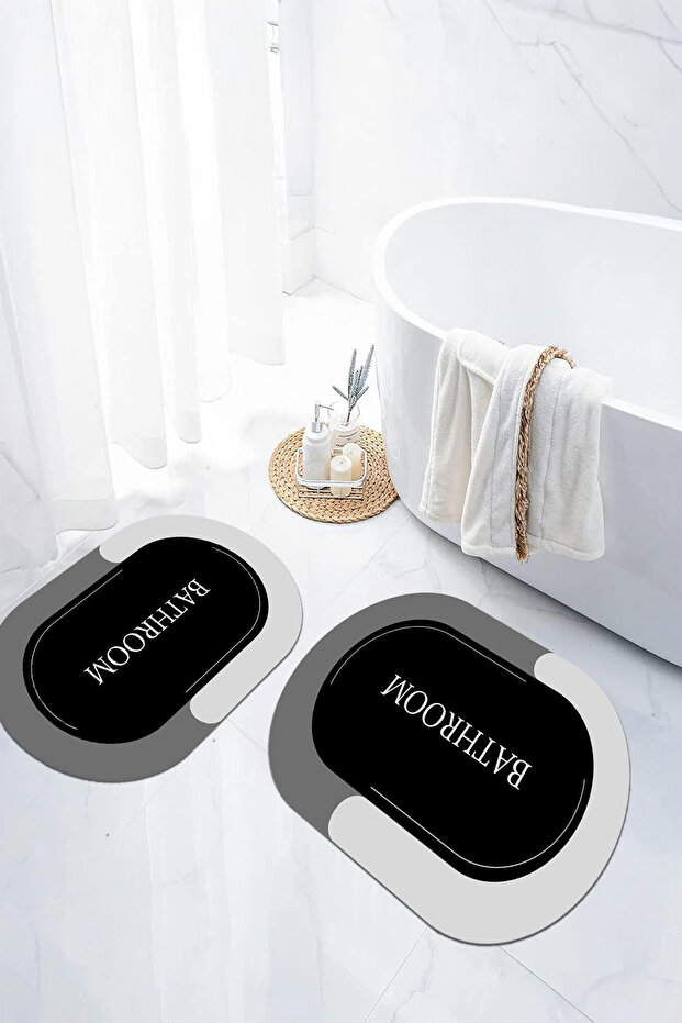 Digital Non-Slip Base Washable Bathroom Written Oval Bath Mat Toilet Set