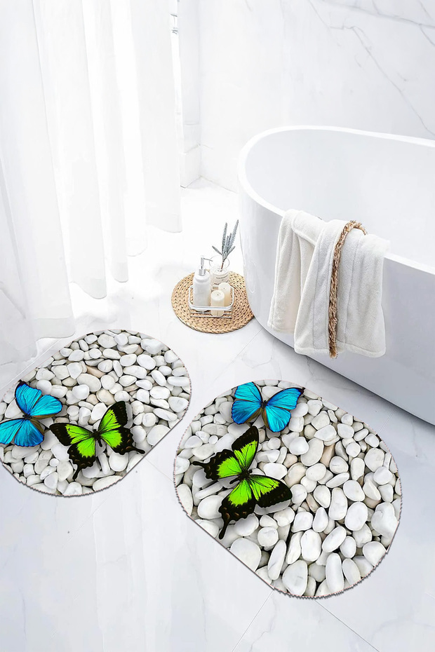 Digital Non-Slip Base Washable Butterfly Pattern Oval Bath Mat Toilet Set