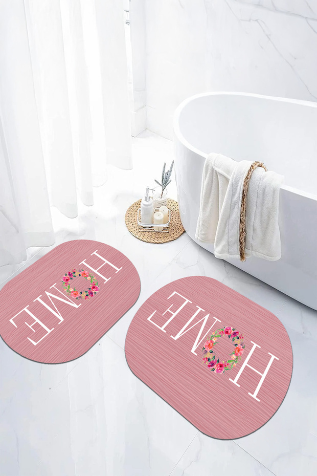 Digital Non-Slip Base Washable Floral Home Written Oval Bath Mat Toilet Set