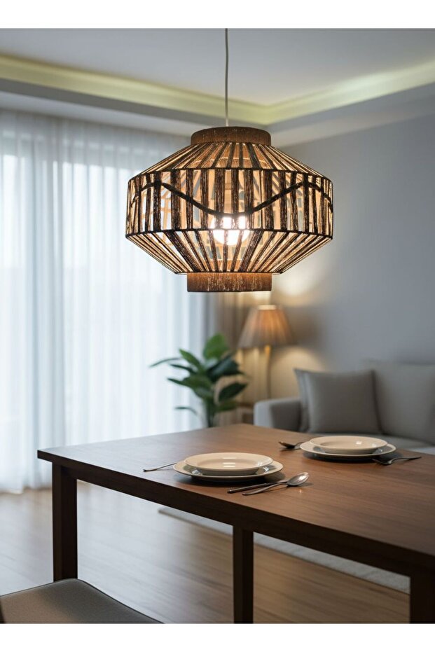 El Yapımı Jüt Makrome Avize - Rustik Bohem Tarz Dekoratif Sarkıt - Duy Dahil - 5