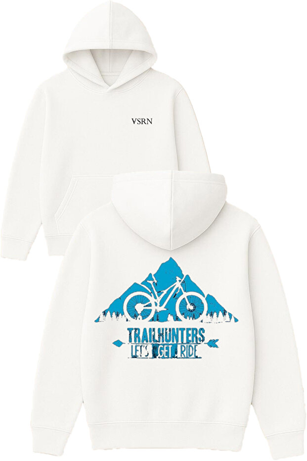 Trail Hunters Design Printed Oversized White Hooded Sweatshirt