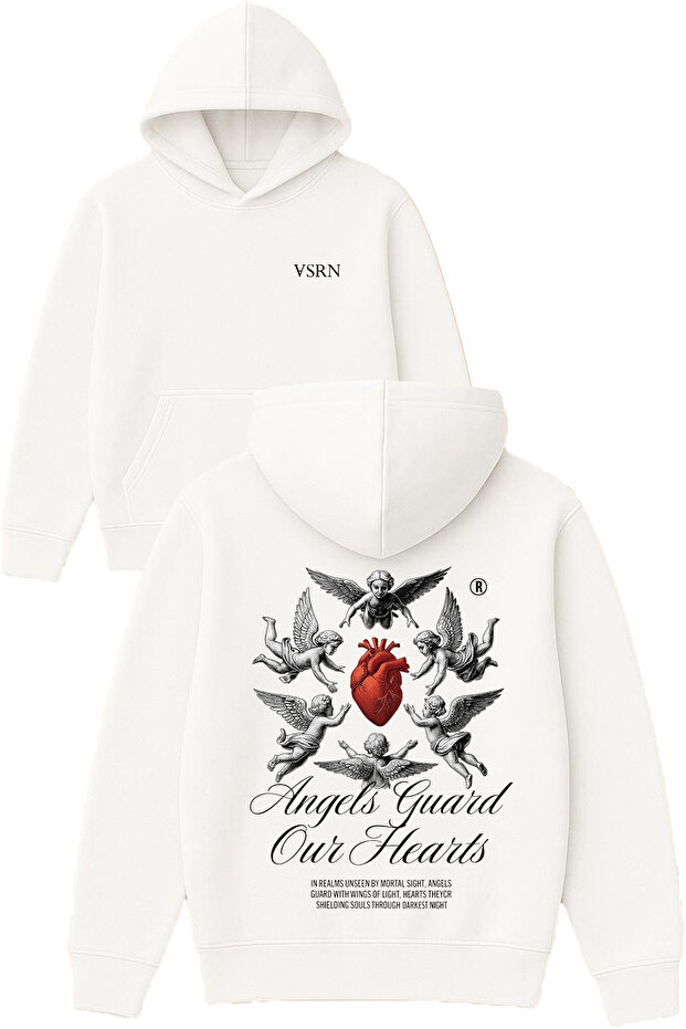 Angels Guard Design Printed Oversized White Hooded Sweatshirt