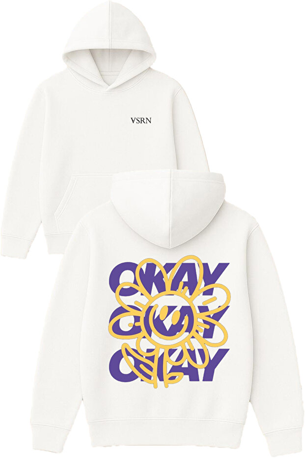 Okay Okay Design Printed Oversized White Hooded Sweatshirt
