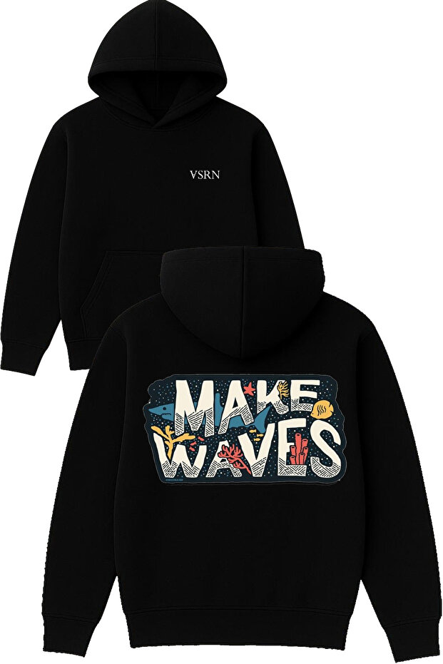Make Wawes Design Printed Oversized Black Hooded Sweatshirt