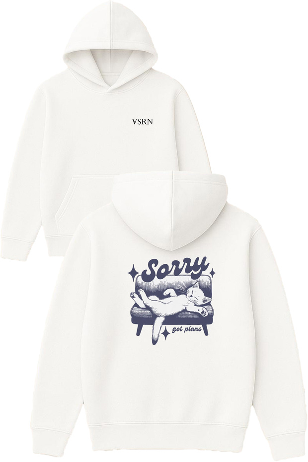 Sorry Got Plans Design Printed Oversized White Hooded Sweatshirt