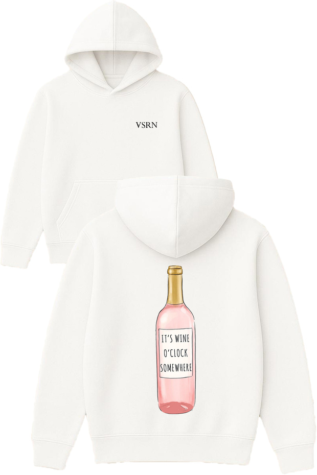 It's Wine O'Clock Design Printed Oversized White Hooded Sweatshirt