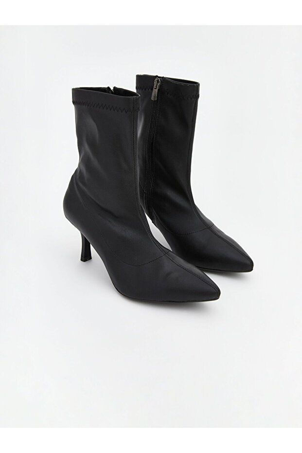 Deri Görünümlü Kadın Topuklu Bot - 1