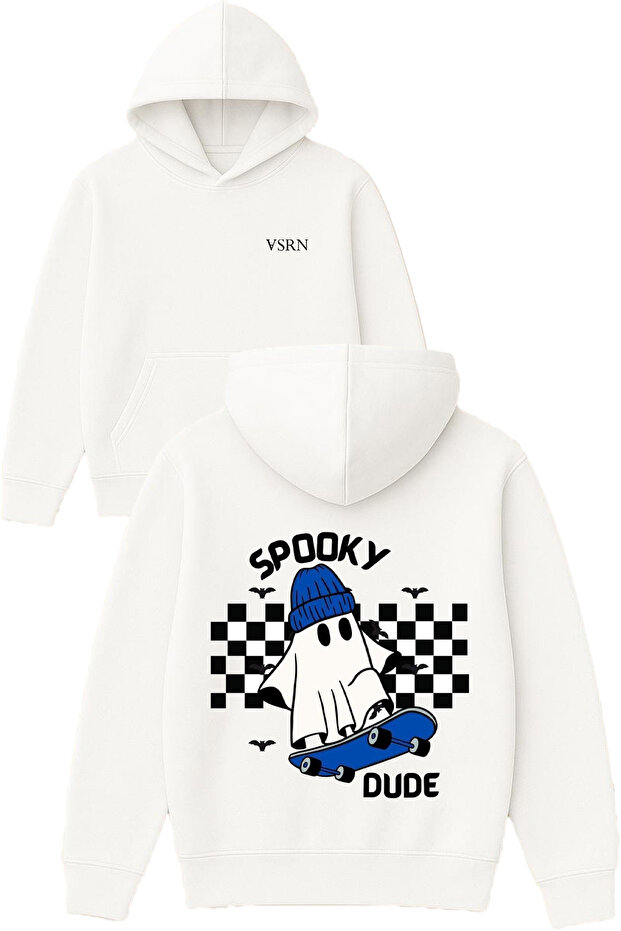Spooky Dude Design Printed Oversized White Hooded Sweatshirt