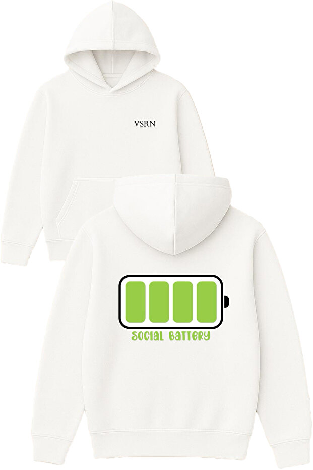 Full Social Battery Design Printed Oversized White Hooded Sweatshirt