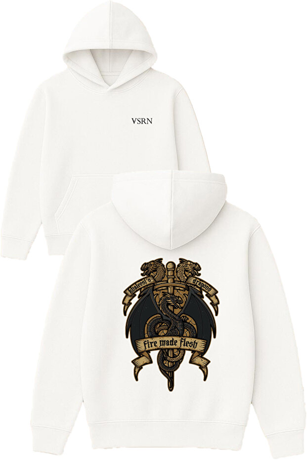 Fire Made Flesh Design Printed Oversized White Hooded Sweatshirt
