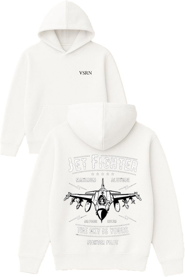 Jet Fighter Design Printed Oversized White Hooded Sweatshirt