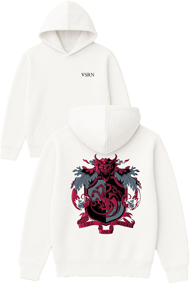 Fire and Blood Design Printed Oversized White Hooded Sweatshirt