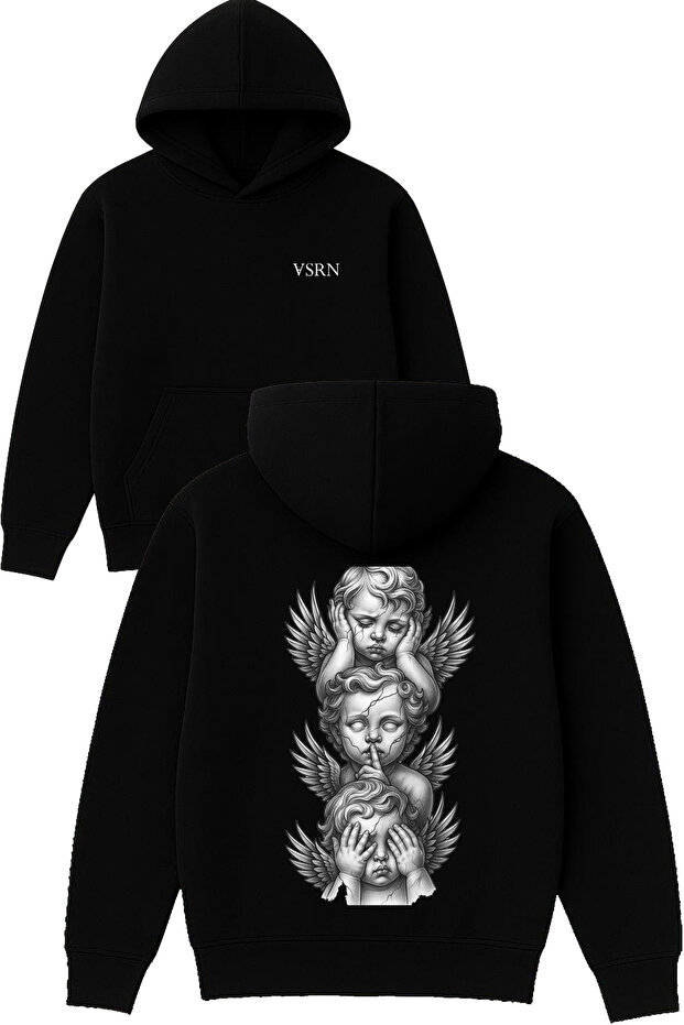 Sweet 3 Angel Design Printed Oversized Black Hooded Sweatshirt