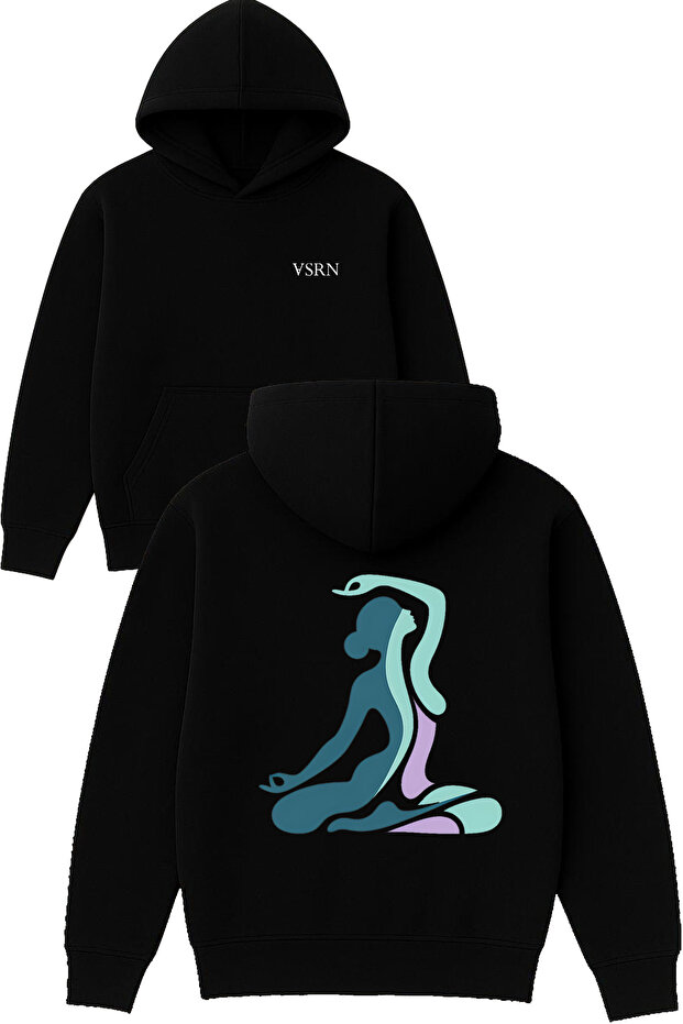 Yogacan Woman Design Printed Oversized Black Hooded Sweatshirt