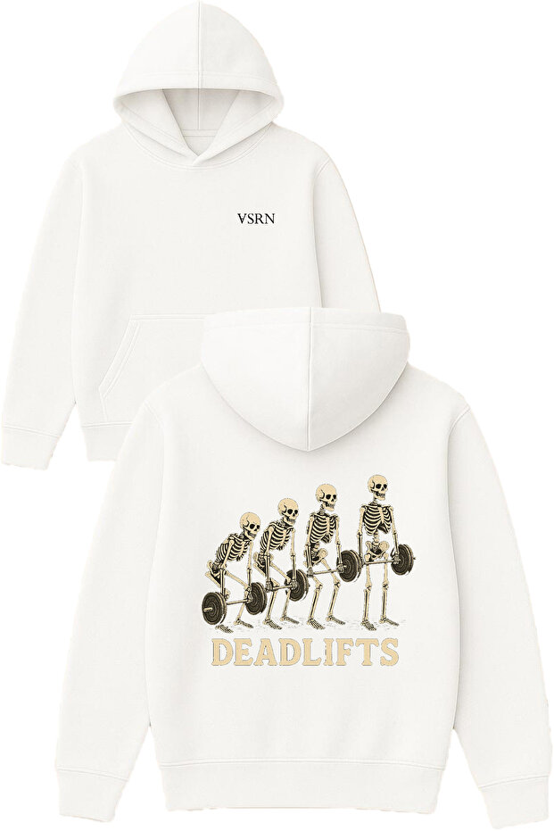Deadlifts Design Printed Oversized White Hooded Sweatshirt