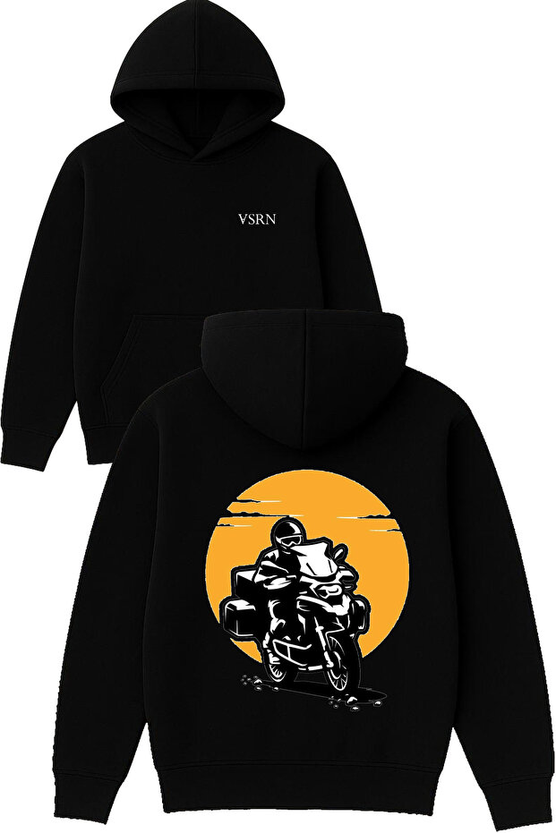 Long-Distance Motorcyclist Design Printed Oversized Black Hooded Sweatshirt
