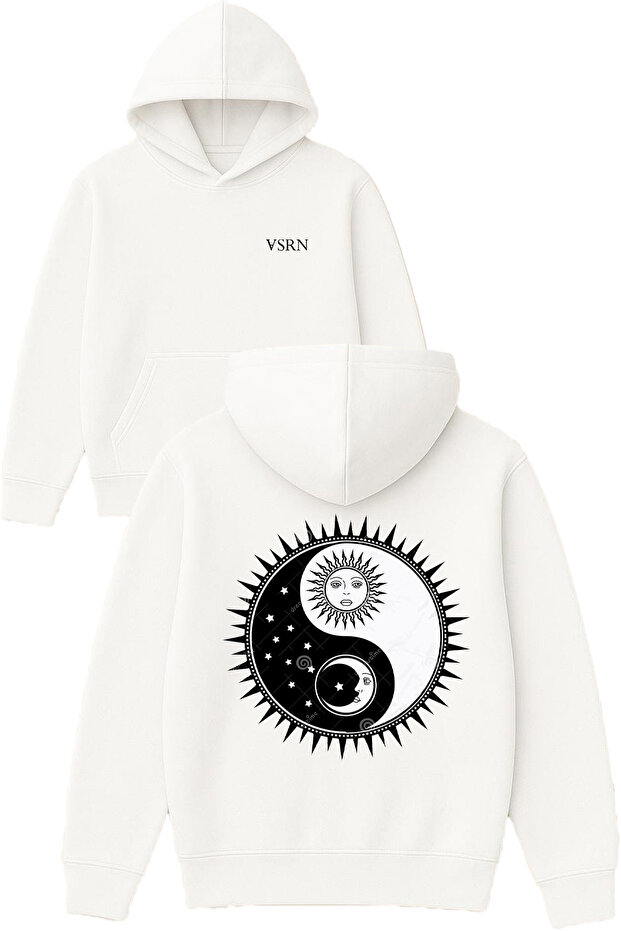 Sun and Moon Design Printed Oversized White Hooded Sweatshirt