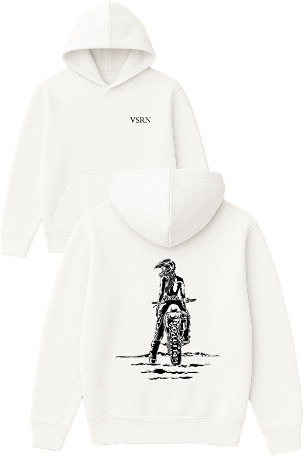 Mountain Motor Design Printed Oversized White Hooded Sweatshirt
