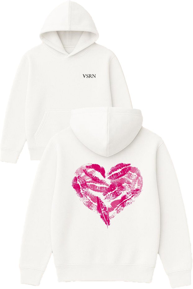 Heart Lipstick Mark Design Printed Oversized White Hooded Sweatshirt