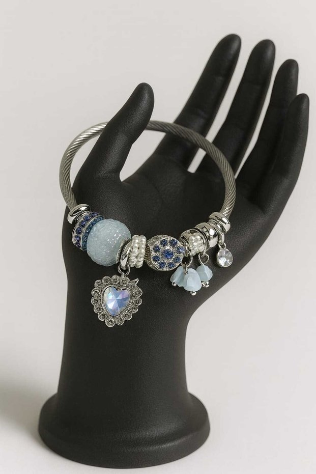 Blue Steel Heart-Shaped Bracelet with Charms