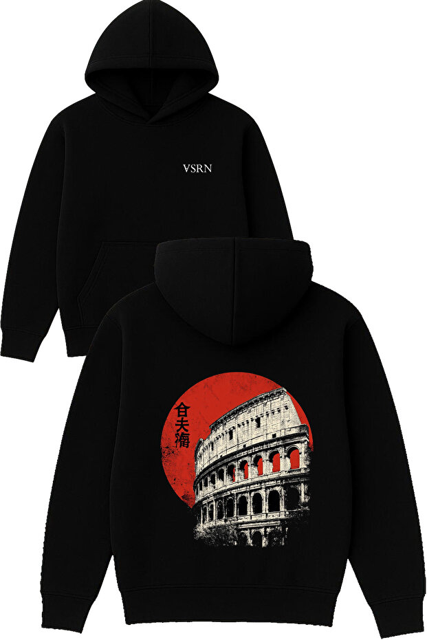 Japanese Roman Design Printed Oversized Black Hooded Sweatshirt
