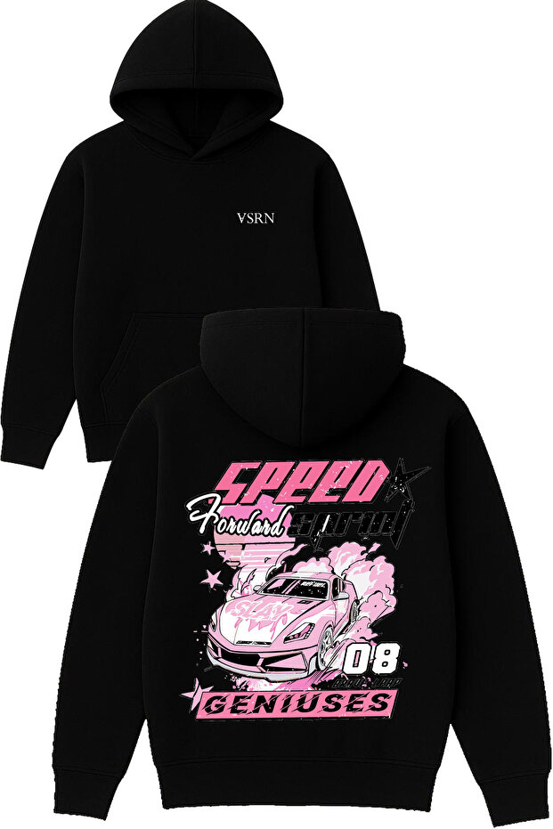 Speed Car Design Printed Oversized Black Hooded Sweatshirt