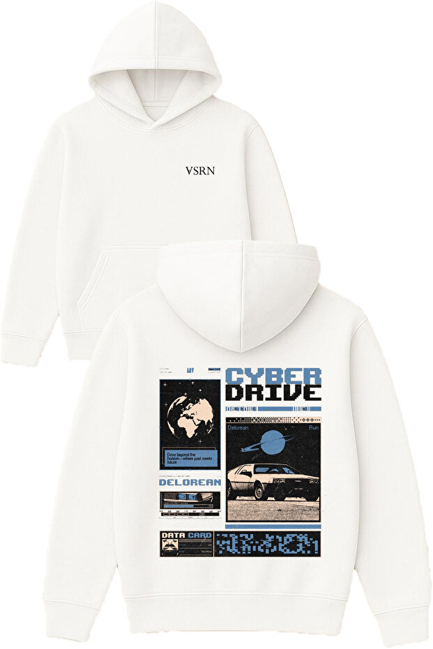Cyber Drive Design Printed Oversized White Hooded Sweatshirt