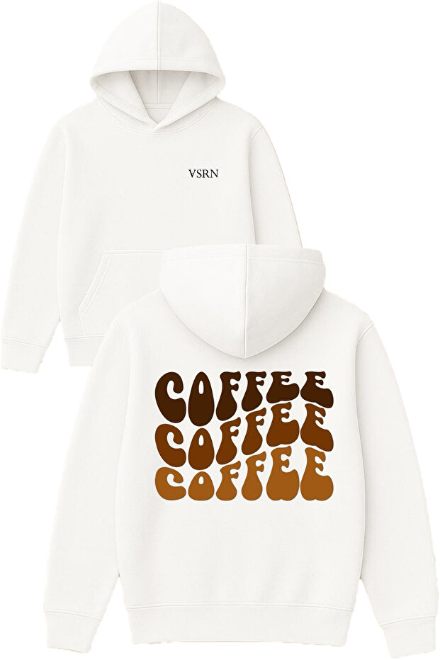 Kahve Coffee Design Printed Oversized White Hooded Sweatshirt