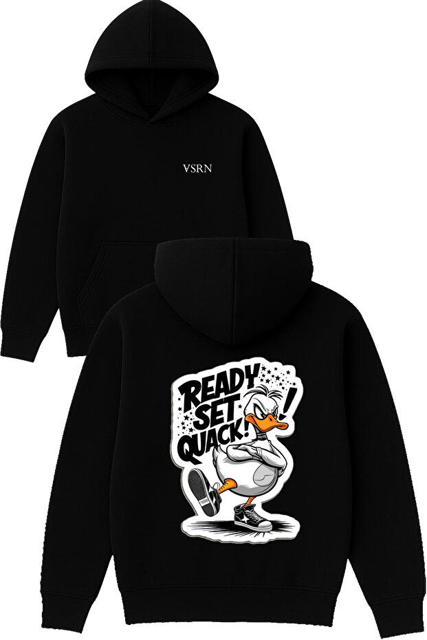 Ready Set Quack Tasarım Printed Oversized Black Hooded Sweatshirt