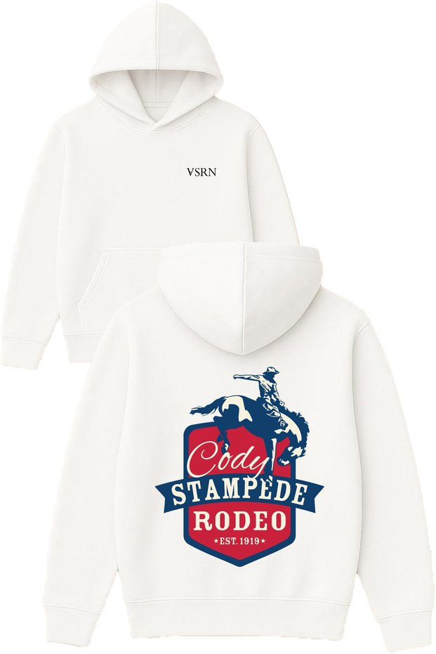 Cody Stampede Design Printed Oversized White Hooded Sweatshirt
