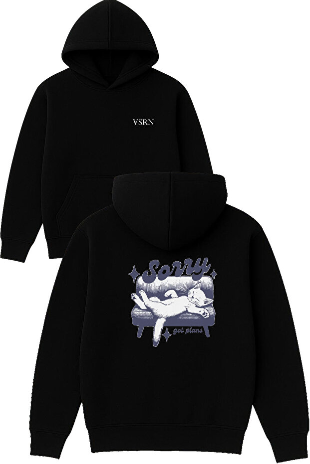 Sorry Got Plans Design Printed Oversized Black Hooded Sweatshirt