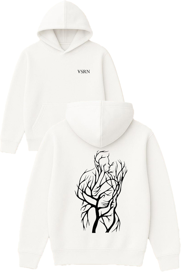 Human from the Branches Design Printed Oversized White Hooded Sweatshirt