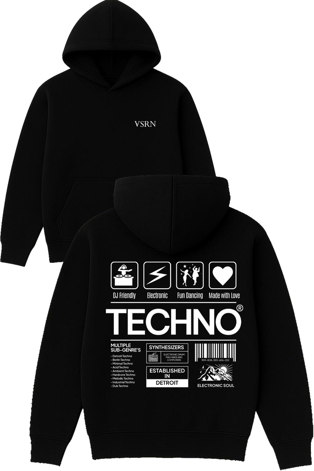 Techno Rapor Design Printed Oversized Black Hooded Sweatshirt