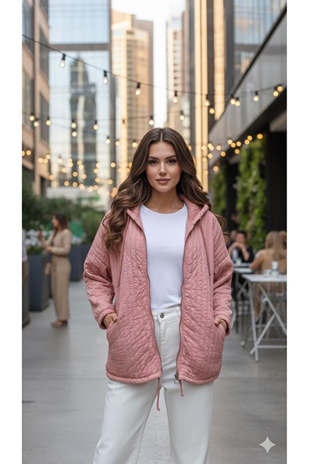 Italian Powder Color Premium Quality Special Texture Quilted Hooded Jacket